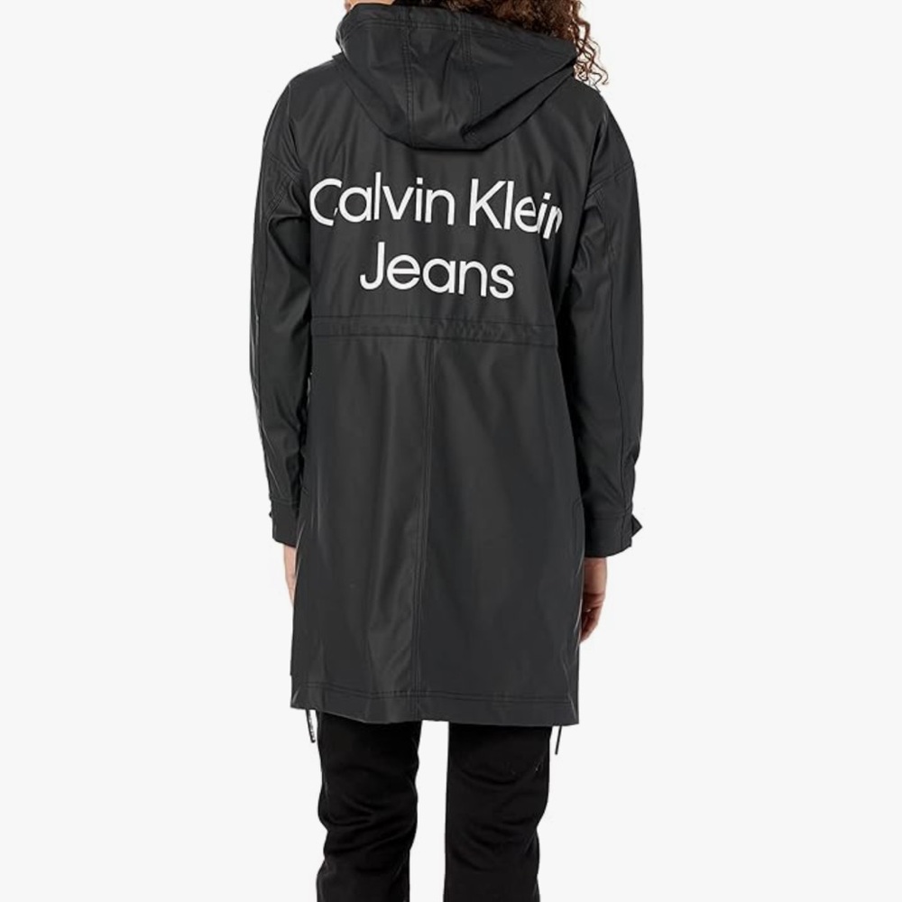 Calvin Klein Solid Water Repellent Long Hooded Rain Coat - Size L